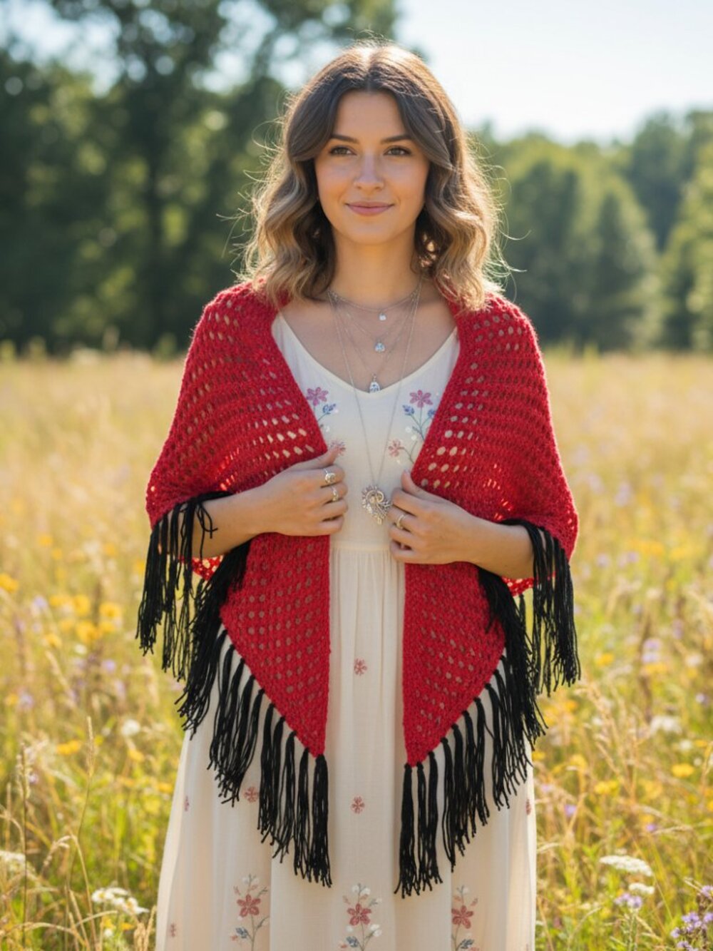 NEW Red Hand Knitted Eyelet Shawl Wrap Scarf Boho Hippie Cottage Boho Chic Indie